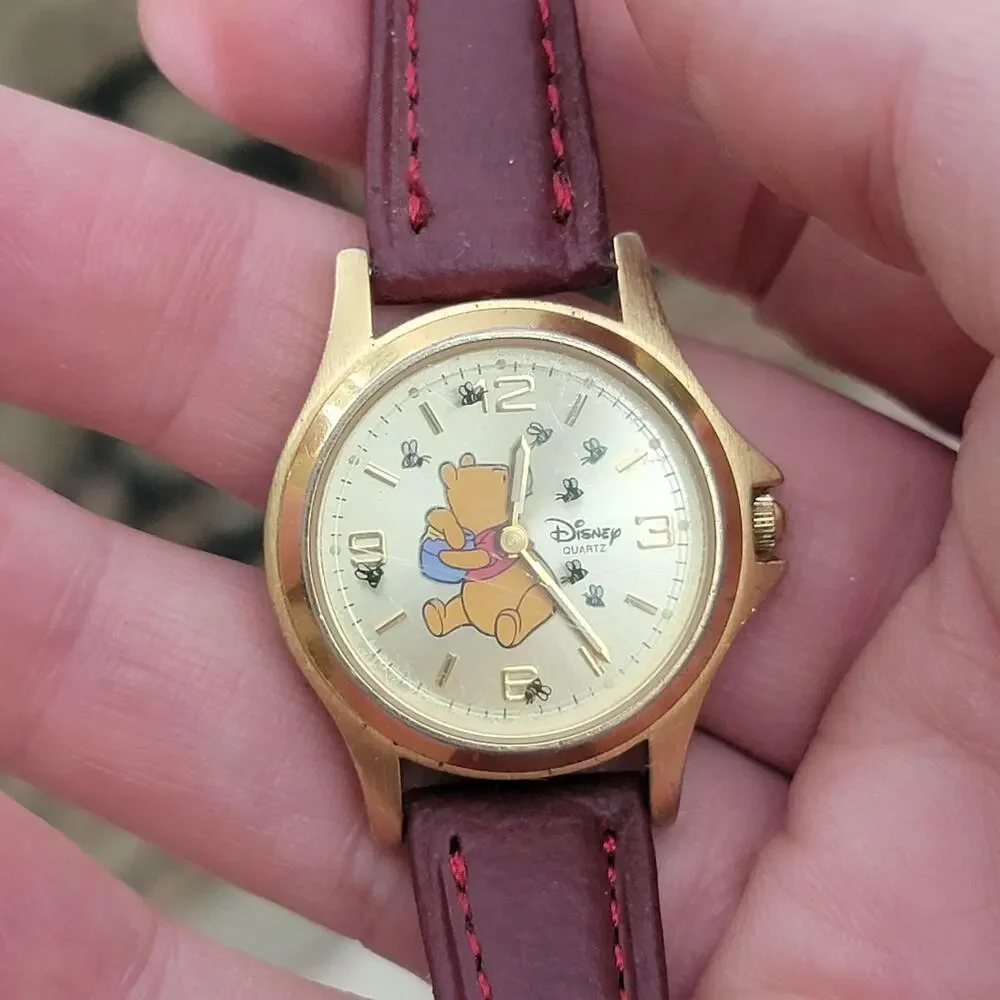 Vintage Disney Time Works Winnie The Pooh Boys Watch Gold Champagne Dial Brown